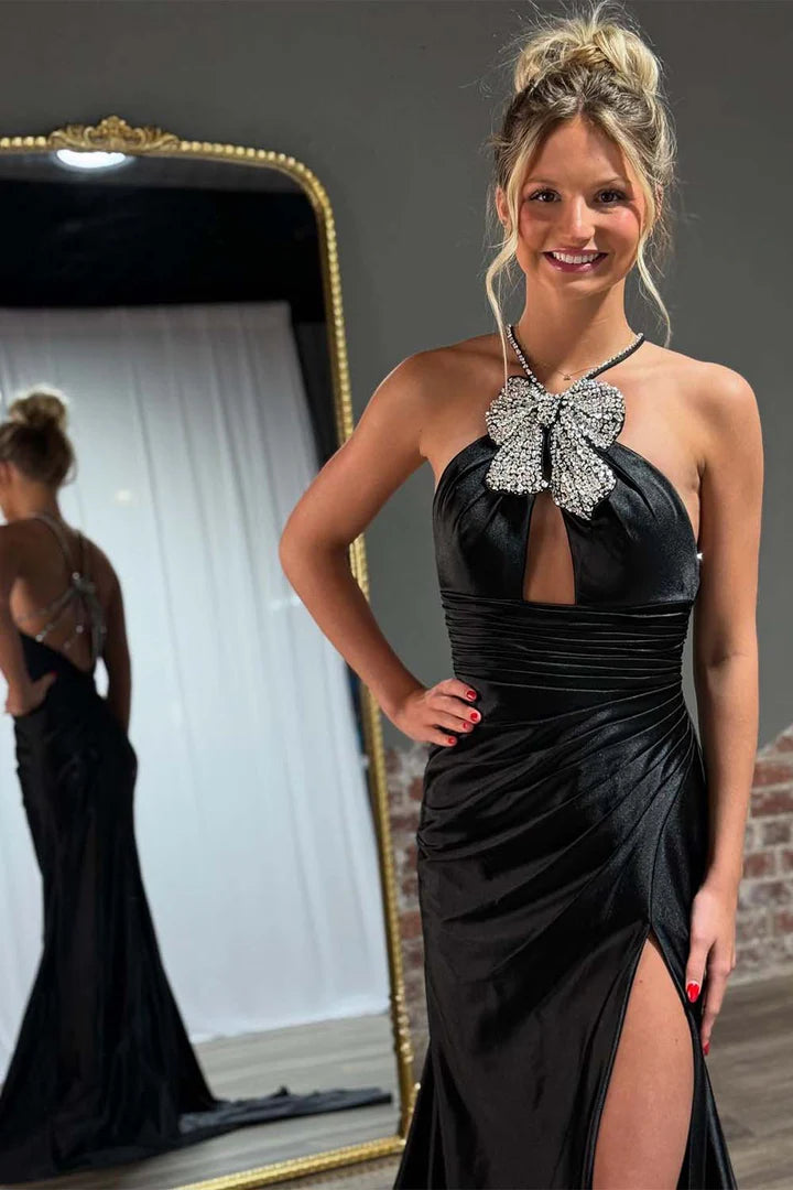 Black backless hanging neck bow ball dress with keyhole