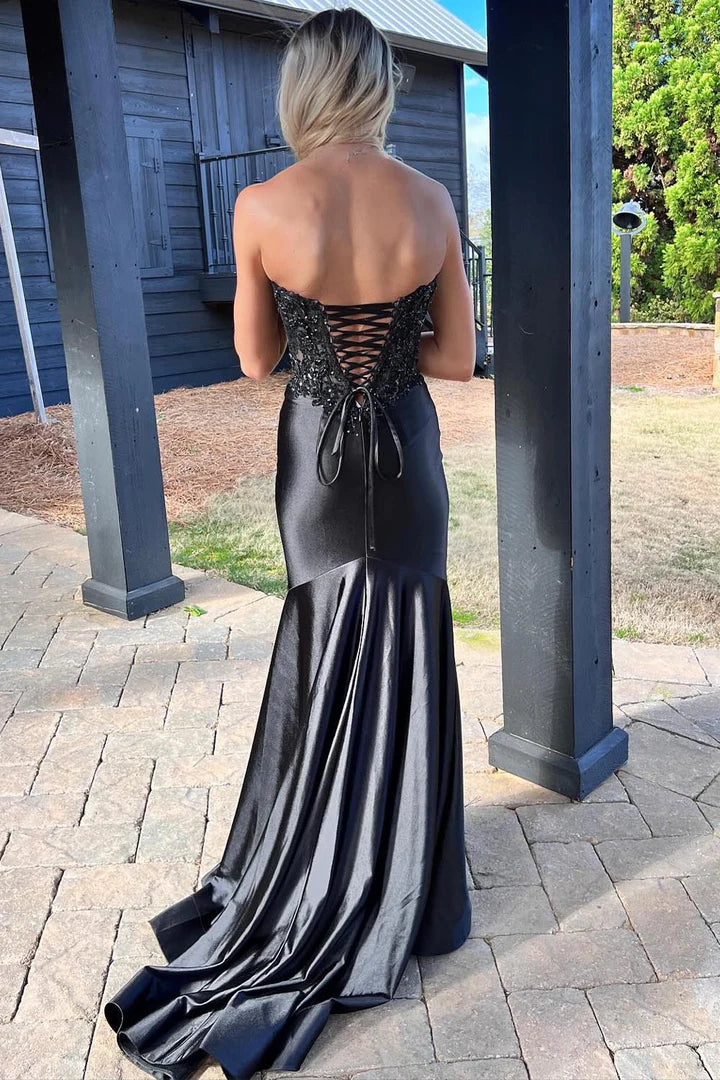 Strapless sweetheart lace satin black ball dress
