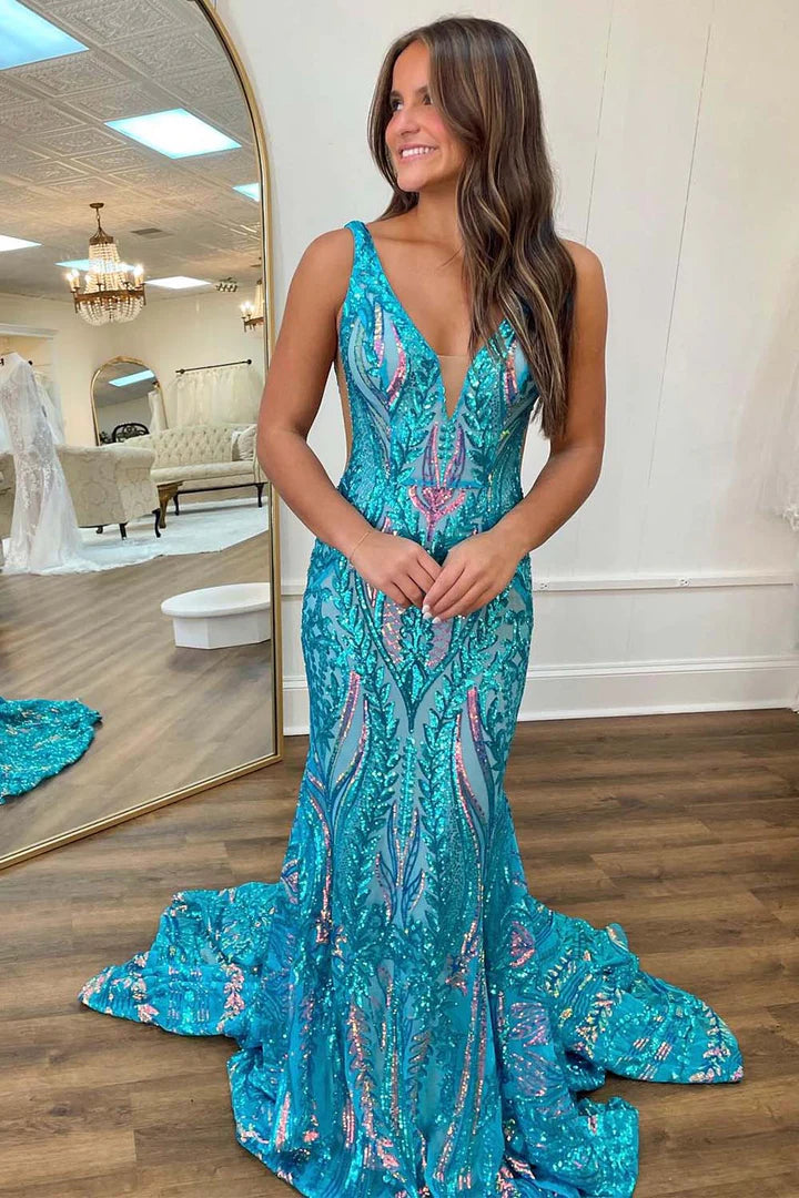 Deep V backless gorgeous blue sequin dance dress