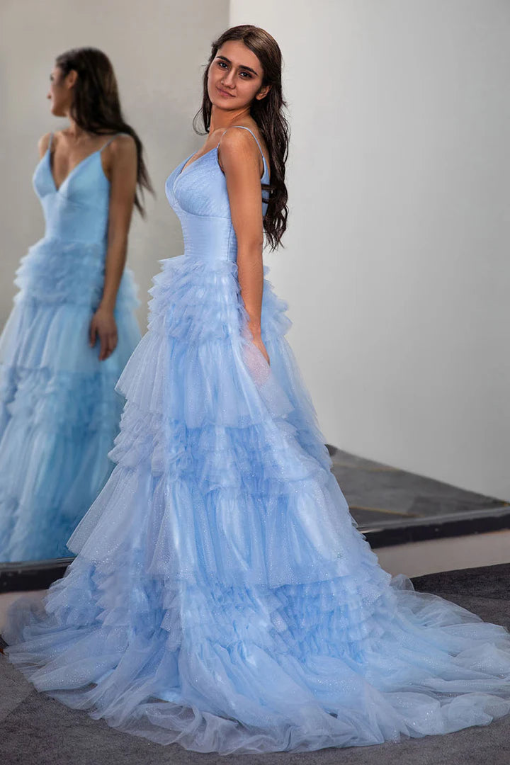 Deep V-strap backless waist cinched light blue long cute cake skirt party dress