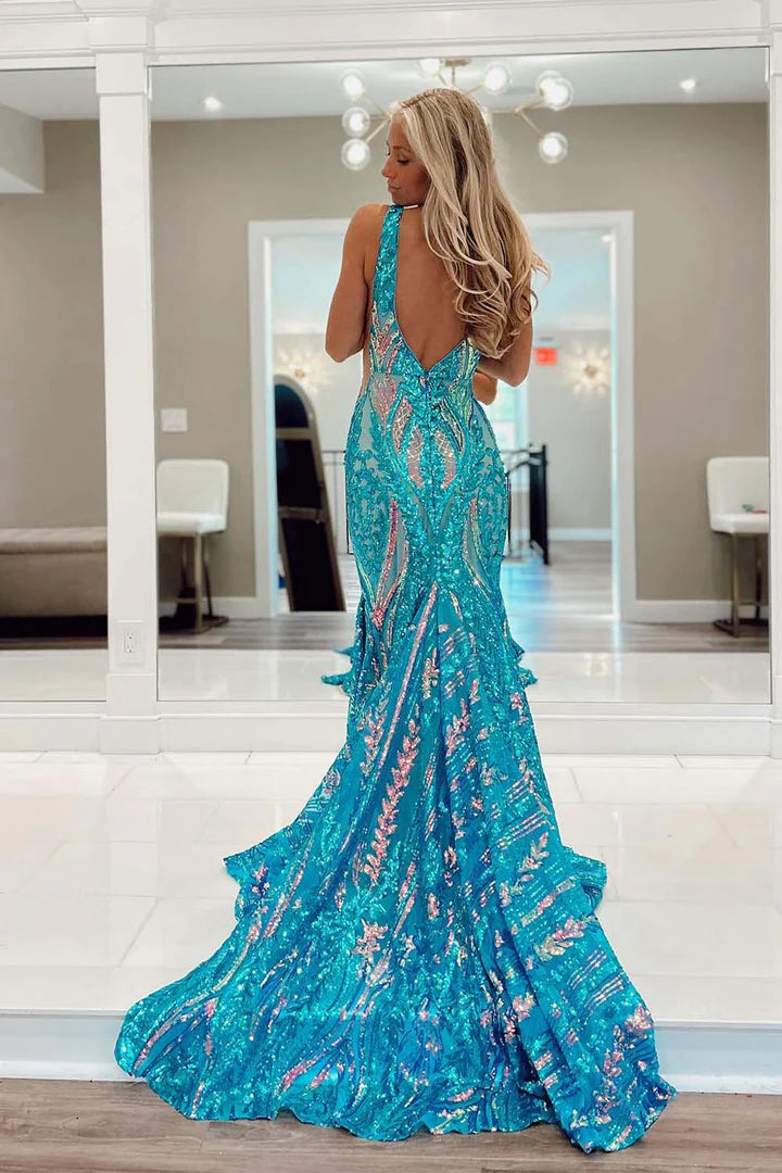 Deep V backless gorgeous blue sequin dance dress