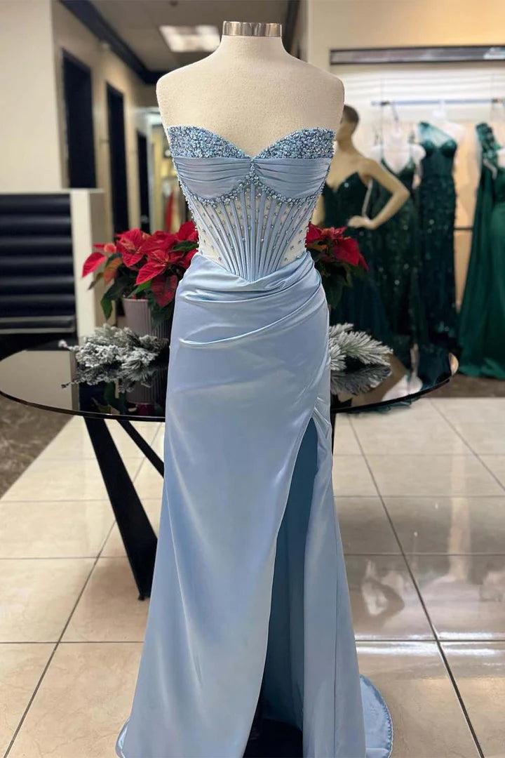 Strapless Side Slit Sheer Corset Bodice Prom Dress with Beads