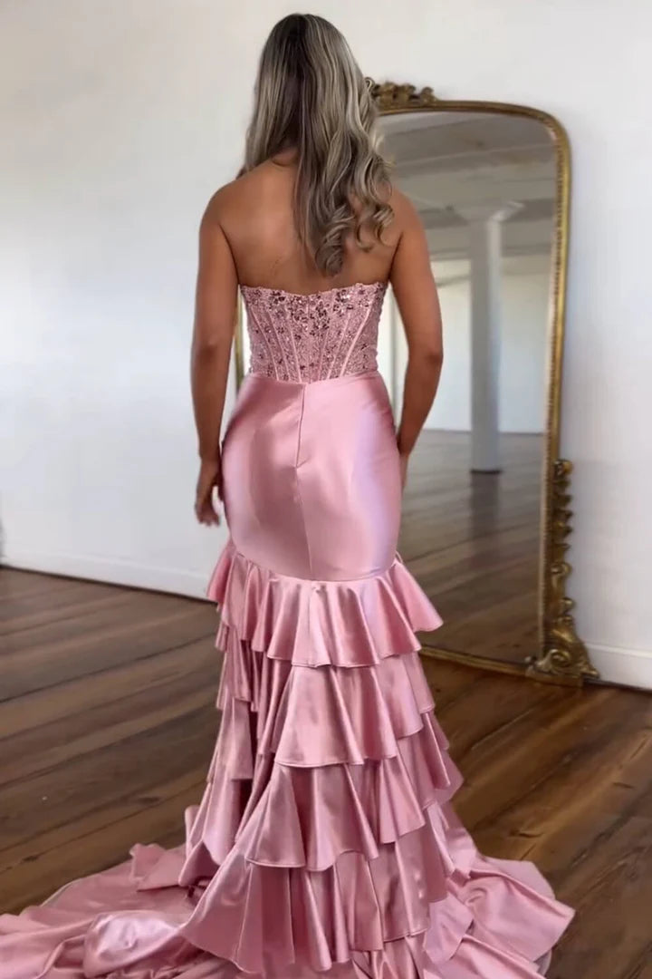 Strapless waist cinching hip hugging skirt long skirt floor mopping side split