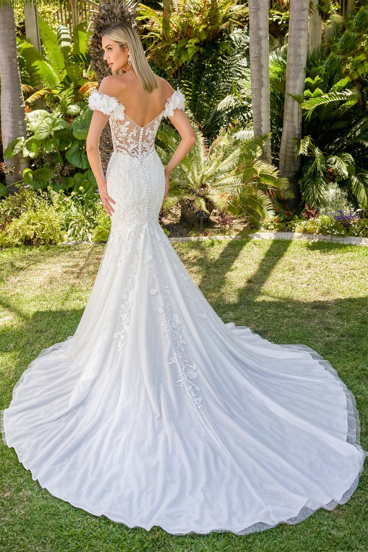 Sexy Tulle and Sequin Lace Mermaid Gown with Portrait Neckline Adorned with Flowers