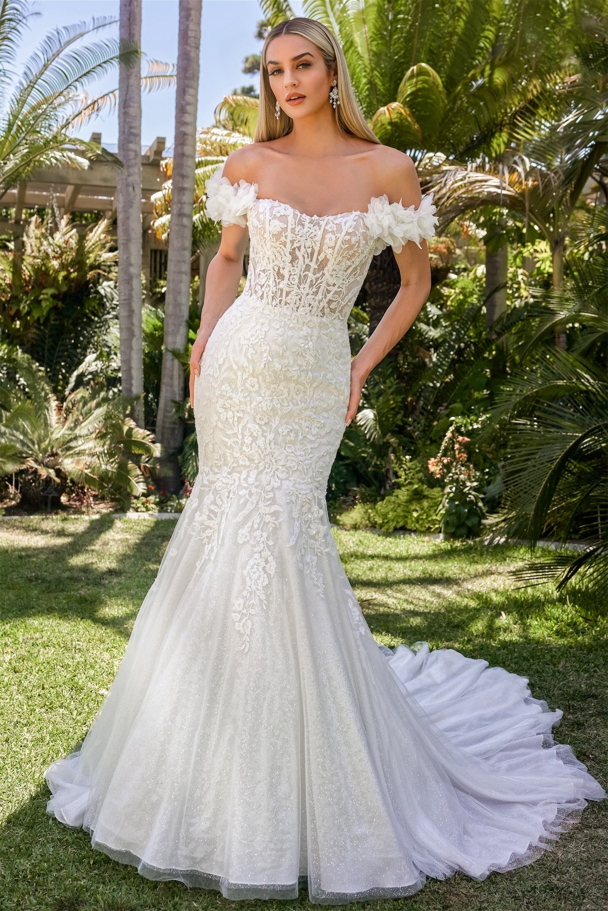 Sexy Tulle and Sequin Lace Mermaid Gown with Portrait Neckline Adorned with Flowers
