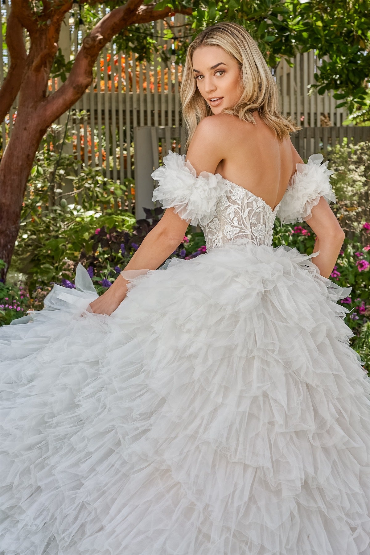 Heavenly Ruffled Tulle Ball Gown with Strapless Sweetheart Corse Bodice and Detachable Matching Sleeves
