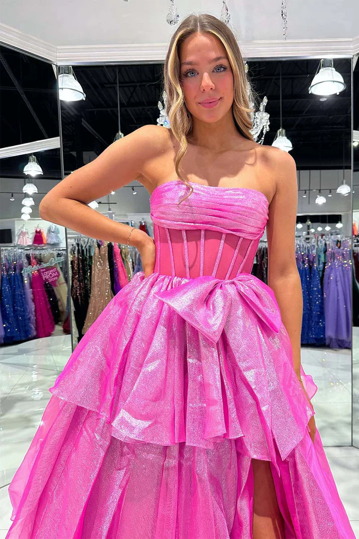 Sheer Corset Bodice Ruffle Prom Dress with Slit