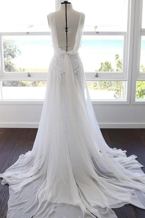 Simple thin suspender backless lace decal beach wedding dress
