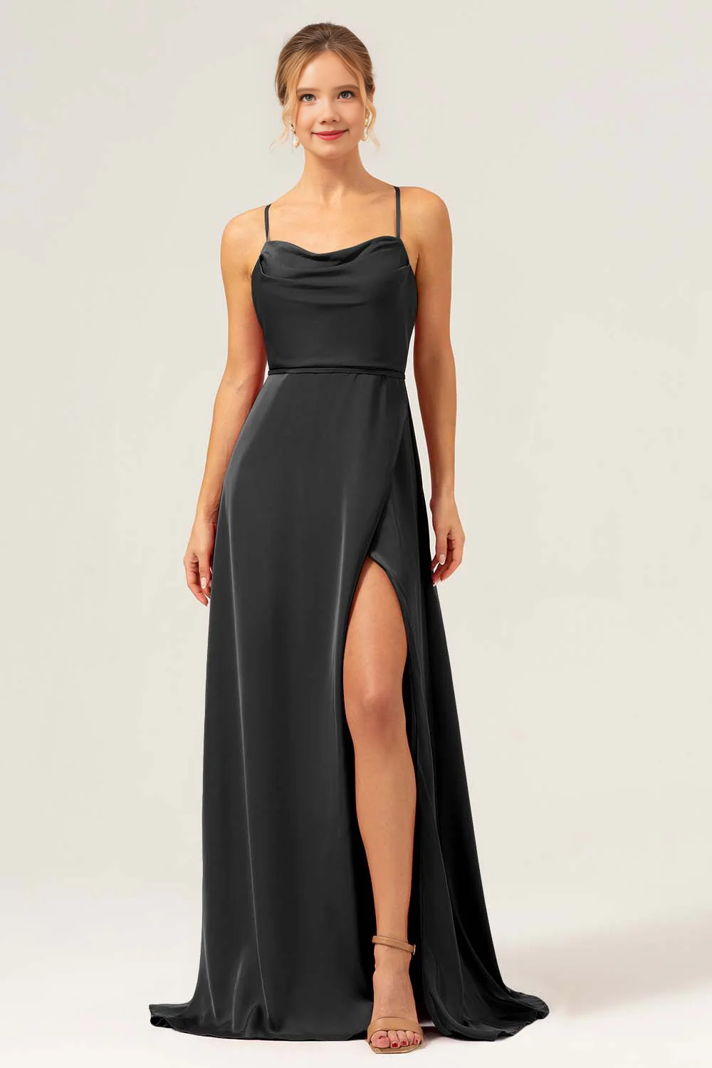 A-line high neck long satin bridesmaid dress with exposed shoulder straps and split ends
