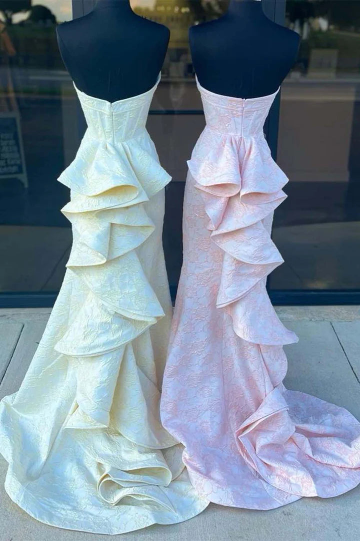 Corset Bodice Strapless Floral Prom Dress with Slit