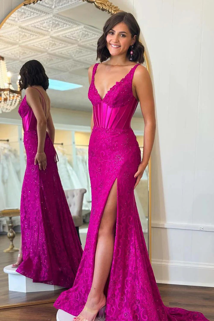 Deep V tight lace fishbone corset slit backless ball dress