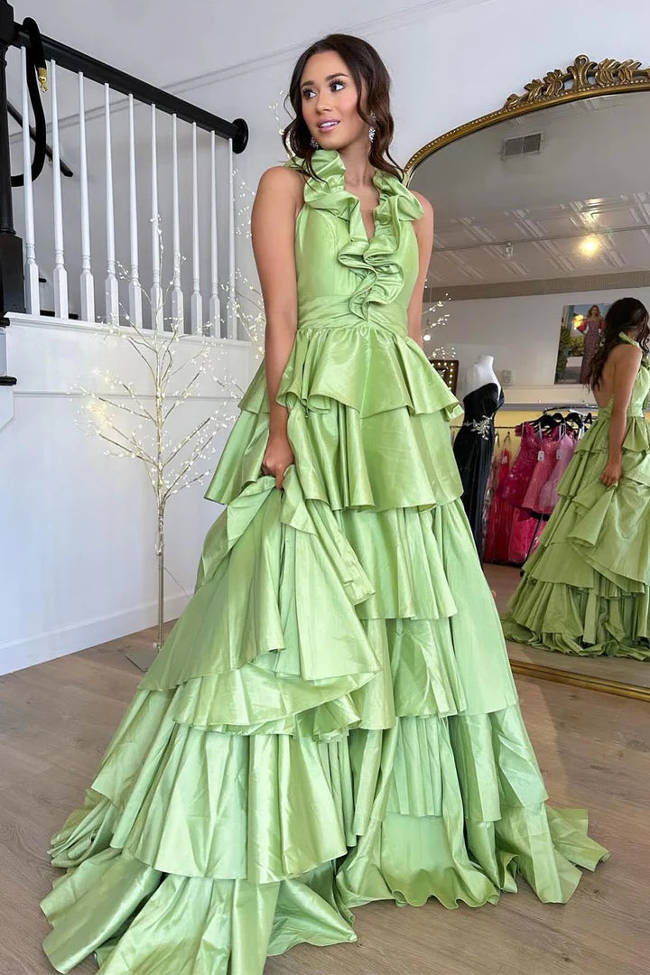 Deep V-neck off shoulder and backless ball gown