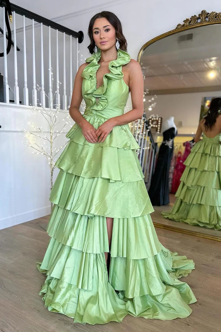 Deep V-neck off shoulder and backless ball gown