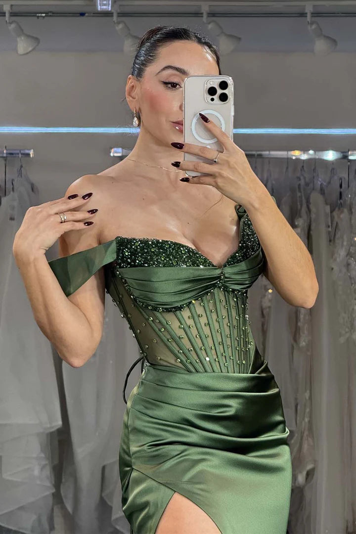 Deep green deep v fish bone off the shoulder bead decoration high slit ball dress
