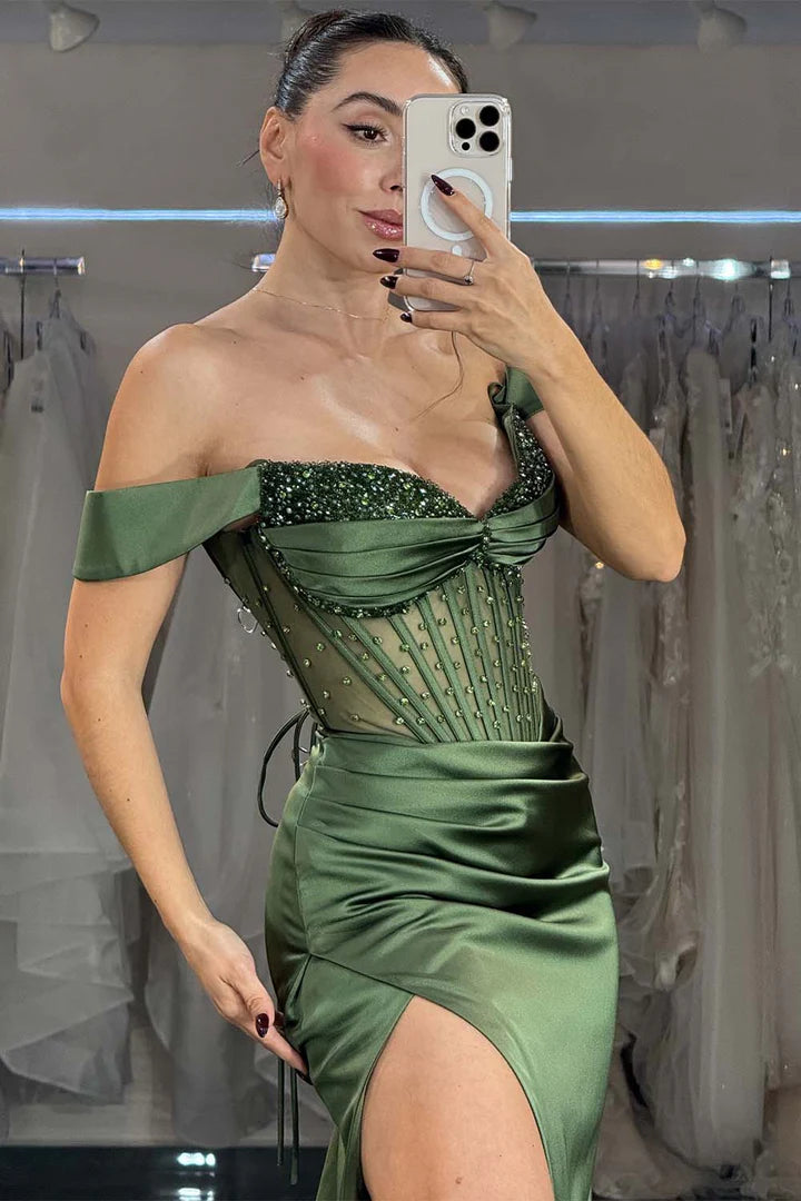 Deep green deep v fish bone off the shoulder bead decoration high slit ball dress