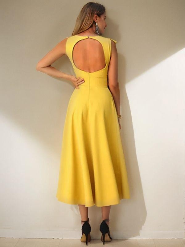 A-Line/Princess Stretch Crepe Ruffles Jewel Sleeveless Tea-Length Dresses