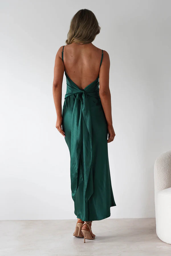 Deep green thin shoulder strap backless dress