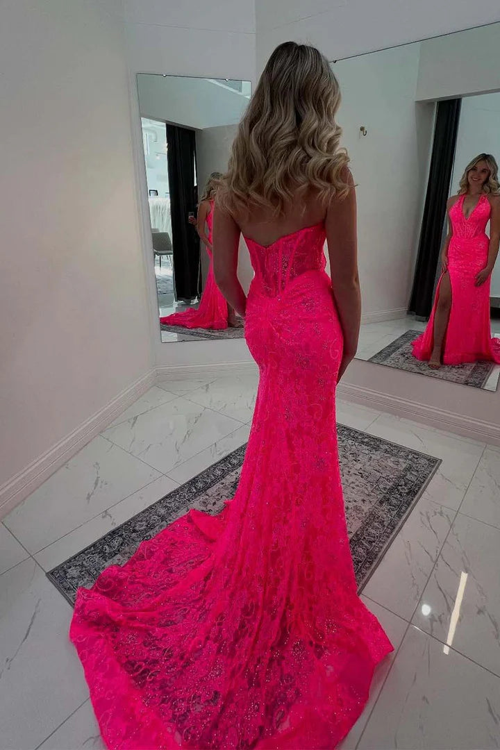 Hot pink deep v lace camisole ball skirt with side slit