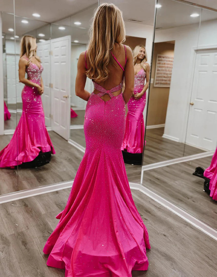 Mermaid Deep V Bareback Hot Pink Beaded Ball Dress