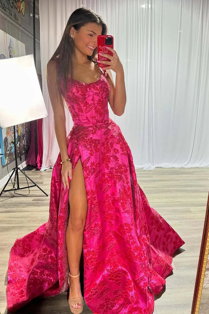 Hot pink flower slit camisole floor length dress ball gown