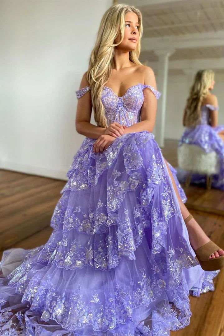 Lavender deep V-pleated fishbone side split suspender ball dress