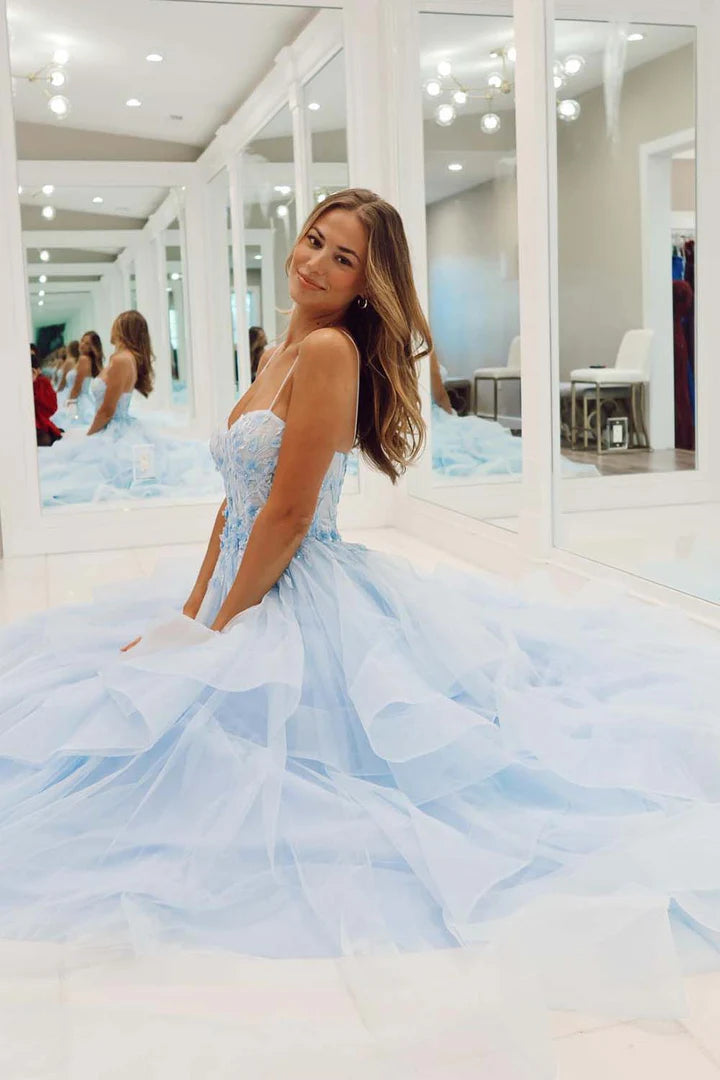 Light blue thin suspender deep V-layered ball gown