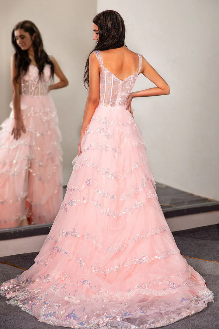 Deep V transparent tight fishbone corset pleated side slit ball dress