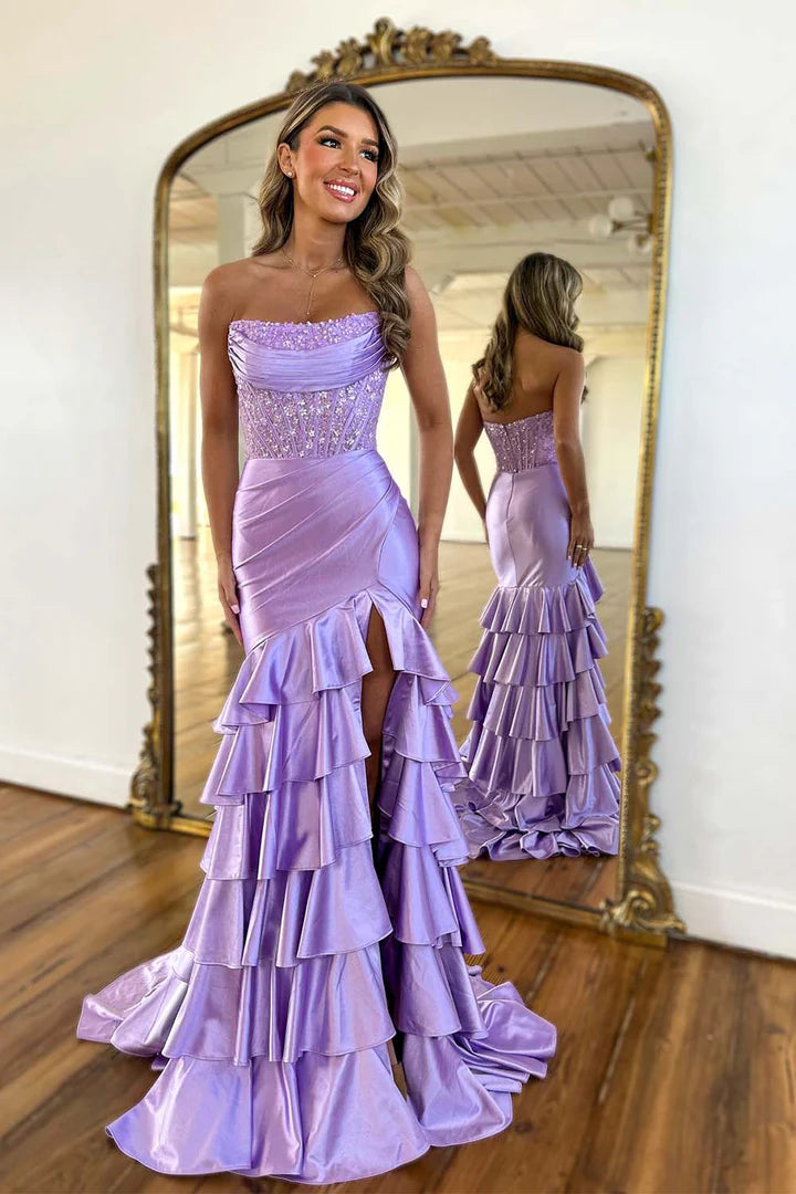 Strapless waist cinching hip hugging skirt long skirt floor mopping side split