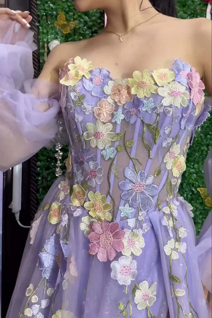 3D floral lavender strapless bubble sleeve ball gown