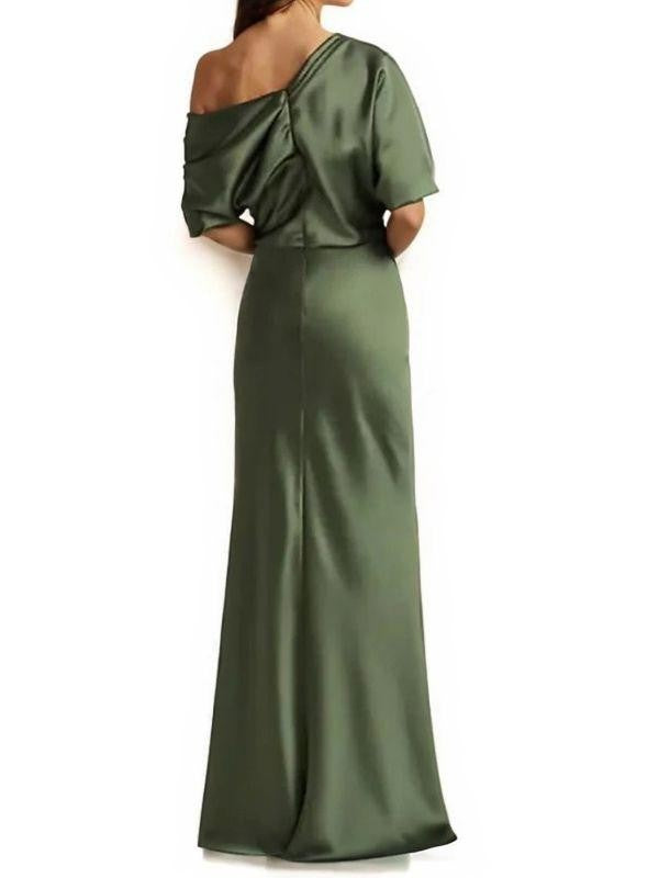 Sheath/Column Elastic Woven Satin Ruched One-Shoulder 1/2 Sleeves Floor-Length Mother of the Bride Dresses