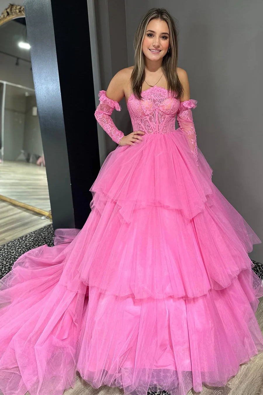 Lace strapless multi-layer long ball gown