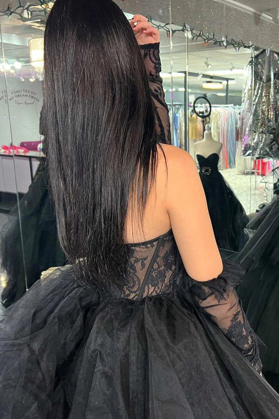 Lace strapless multi-layer long ball gown
