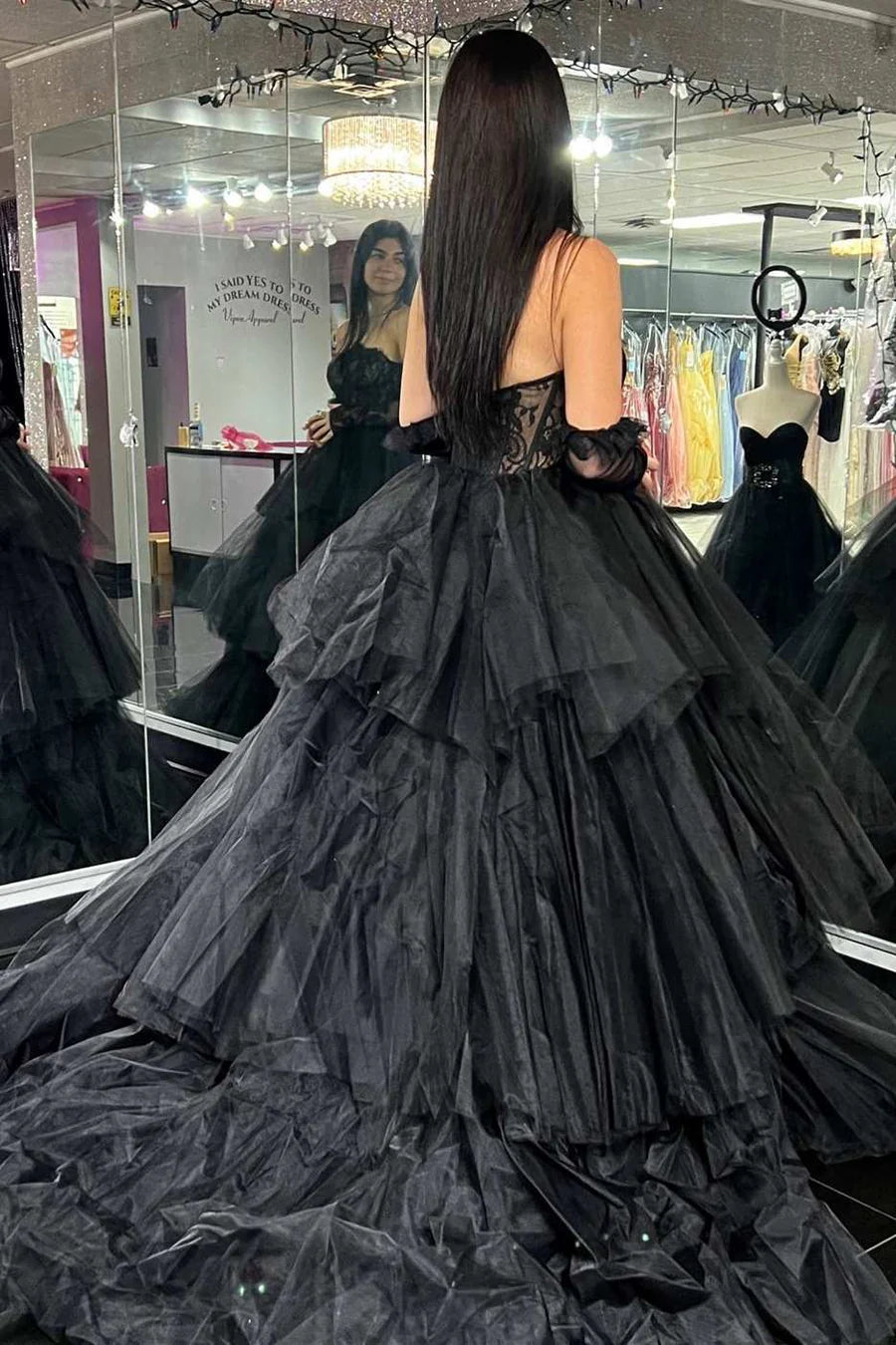Lace strapless multi-layer long ball gown