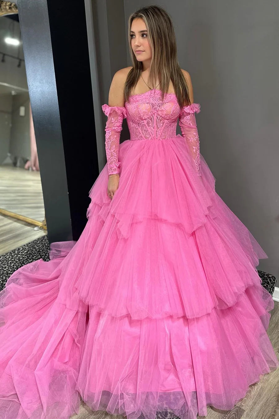 Lace strapless multi-layer long ball gown