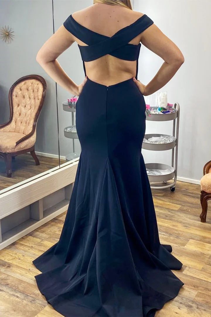 Elegant off shoulder long ball gown with exposed waist