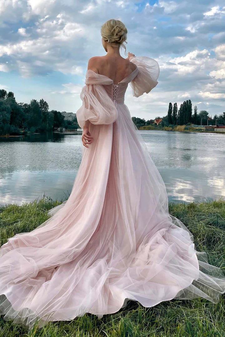Long Sleeves Light Pink Tulle Prom Gown