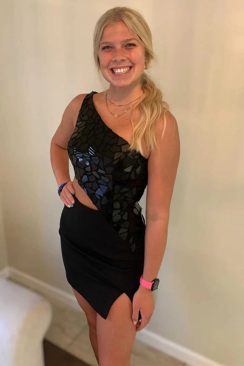 One-Shoulder Cut Glass Mirror Cutout Mini Cocktail Dress