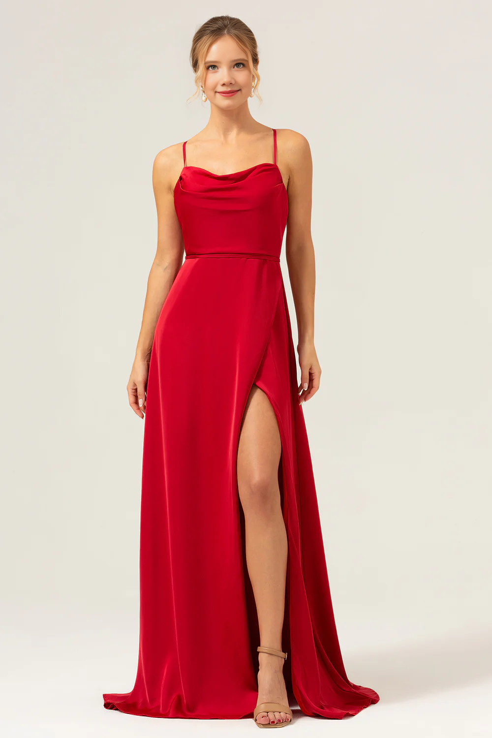 A-line high neck long satin bridesmaid dress with exposed shoulder straps and split ends