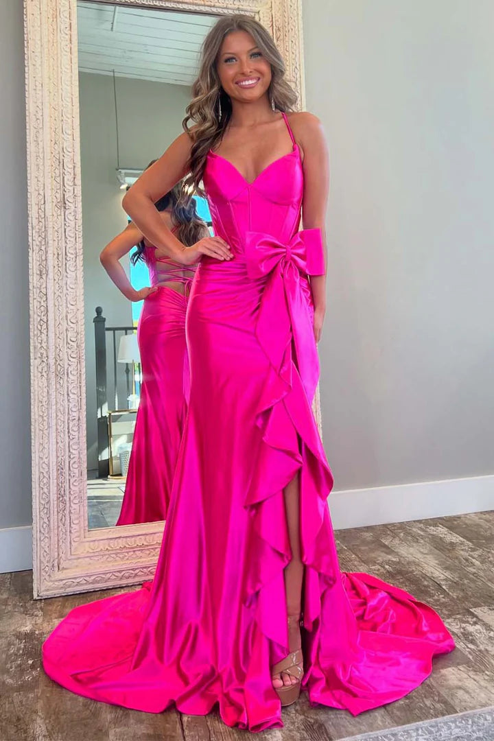 Deep V slit pleated edge hot pink slim fit ball dress with bow and mop skirt
