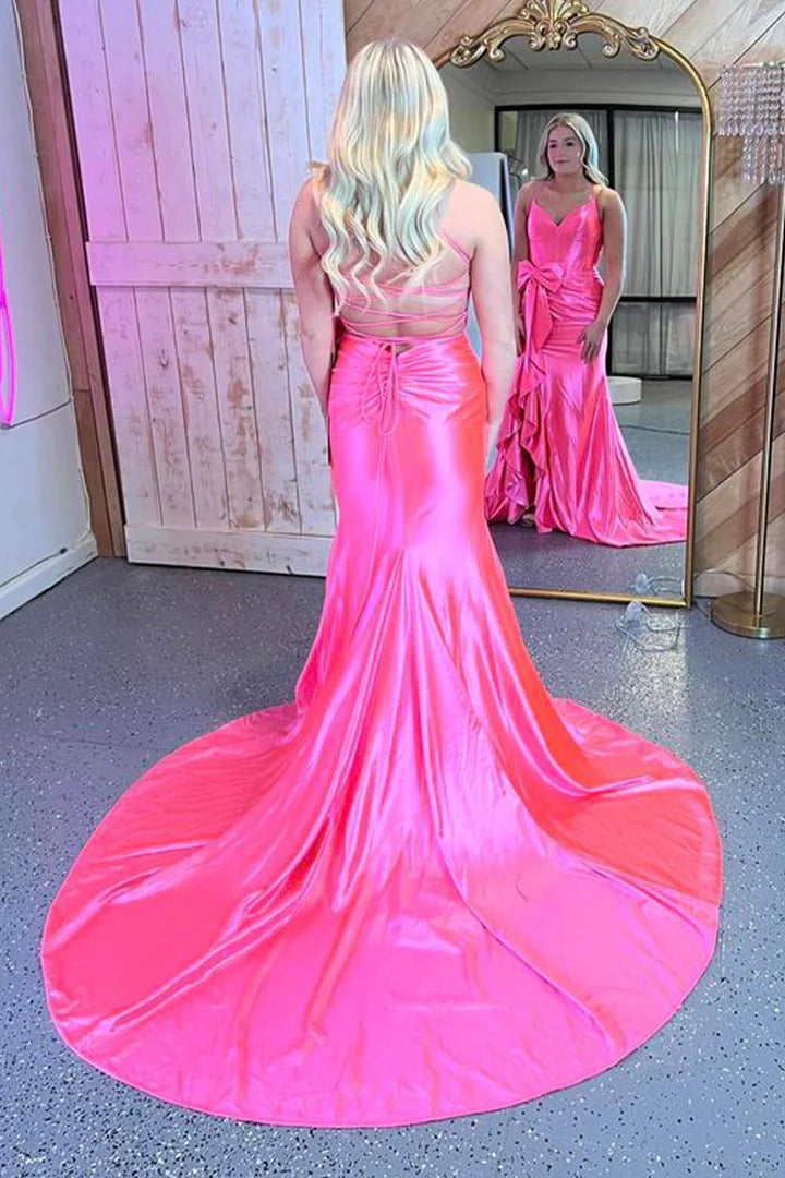 Deep V-thin shoulder strap backless strap split hem pink bow ball dress