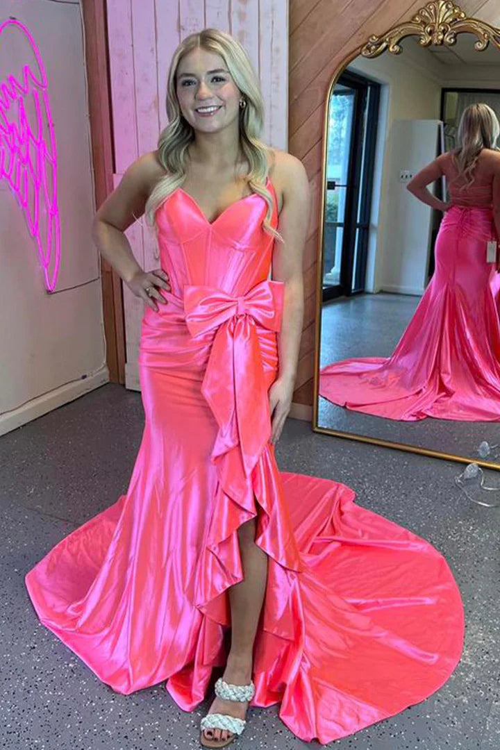Deep V-thin shoulder strap backless strap split hem pink bow ball dress