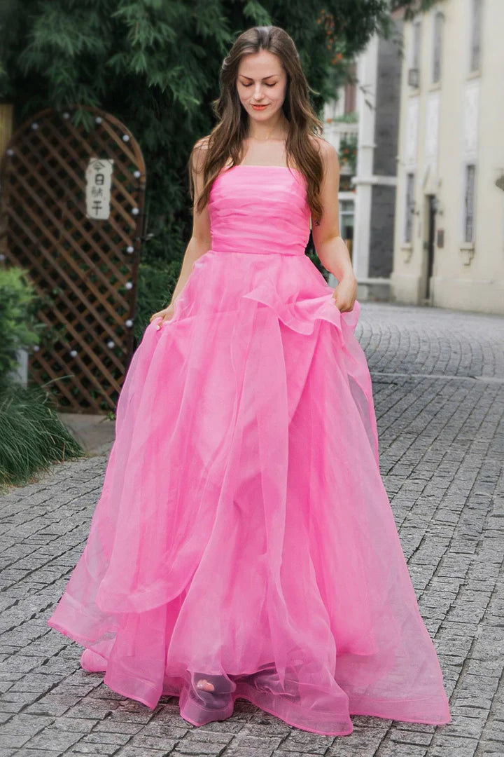 Strapless pink lotus leaf side length ball gown