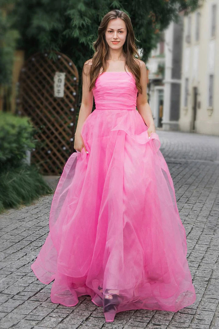 Strapless pink lotus leaf side length ball gown