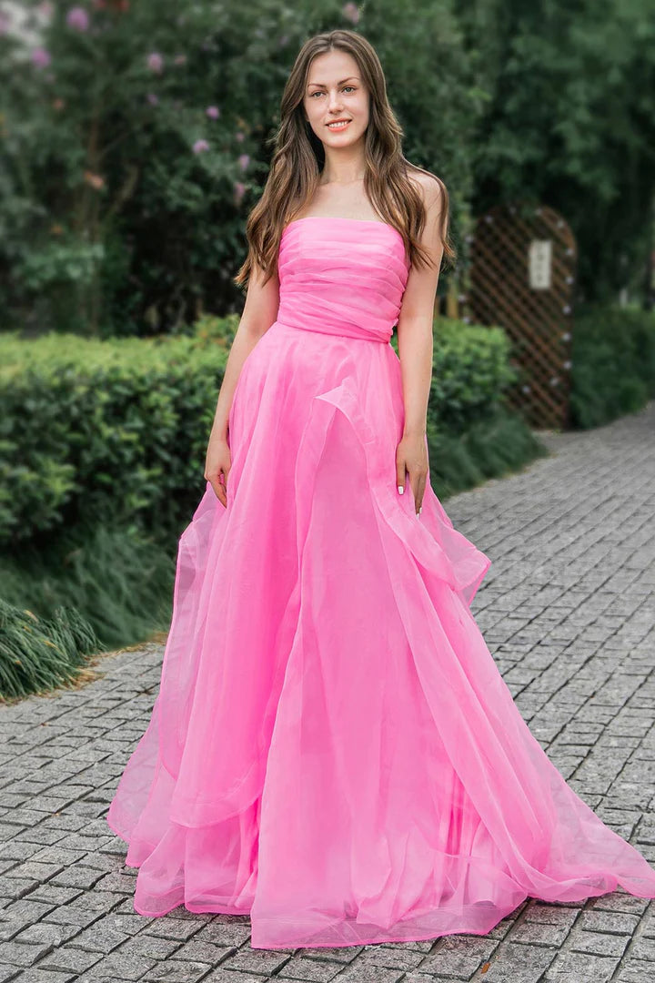 Strapless pink lotus leaf side length ball gown