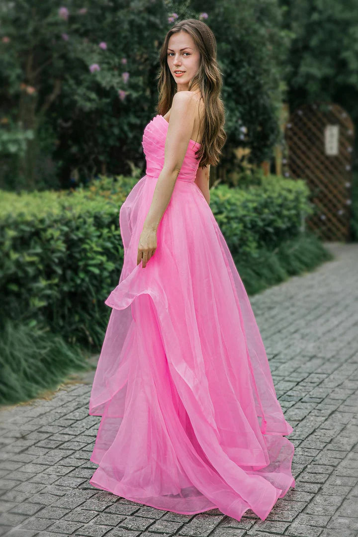 Strapless pink lotus leaf side length ball gown