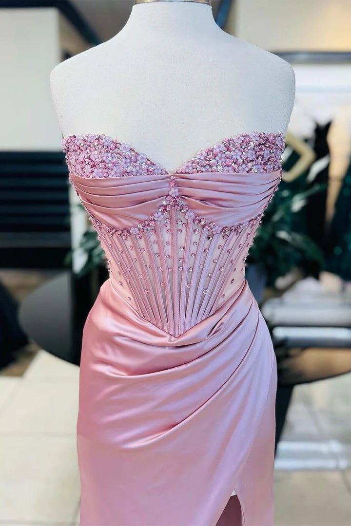 Strapless Side Slit Sheer Corset Bodice Prom Dress with Beads