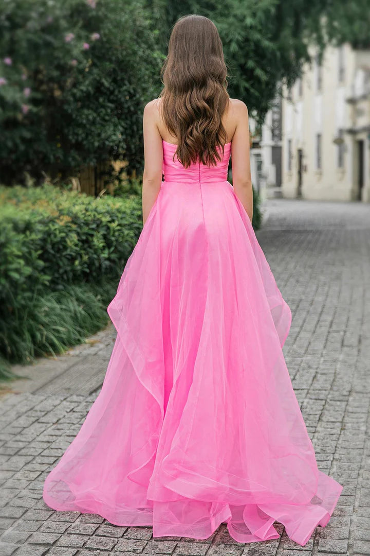 Strapless pink lotus leaf side length ball gown