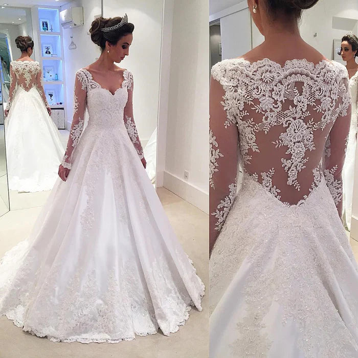 Unique and elegant V-neck long sleeved ball gown with lace ribbon decal wedding dress
