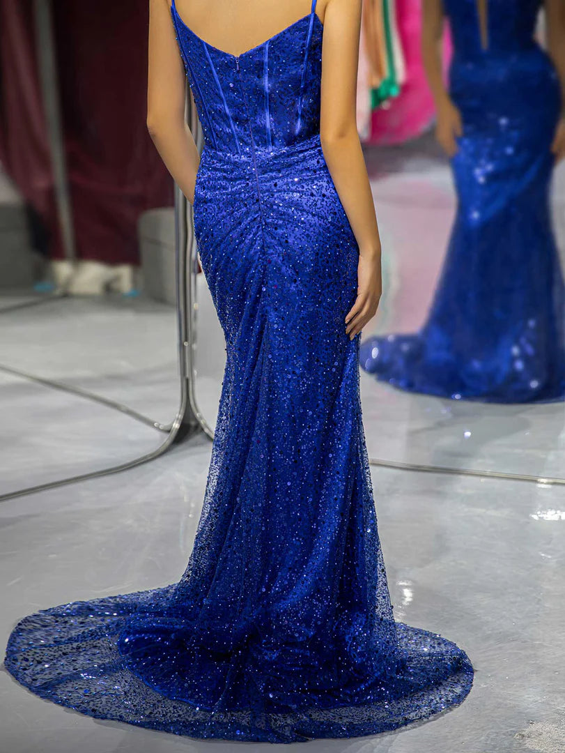 Deep V-strap waist cinching Royal Blue sequin beaded ball gown