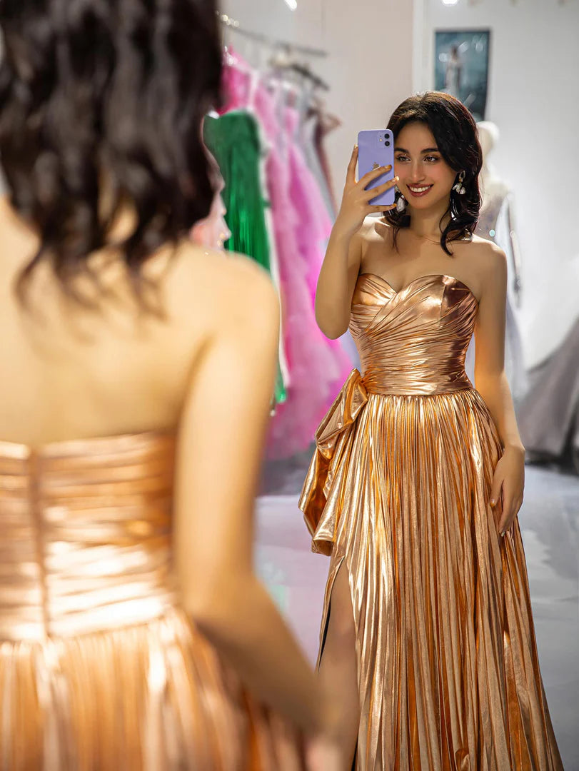 Strapless waist cinching irregular pleated side slit long skirt